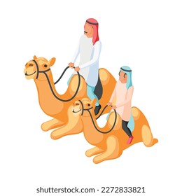 Isometric arabic family with man and son riding camels 3d vector illustration