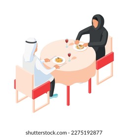 Isometric arabic family with wife and husband having lunch together 3d vector illustration