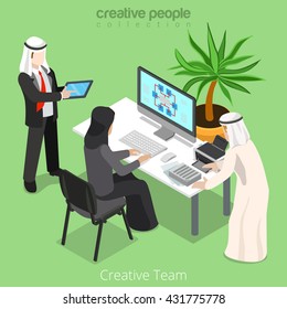 Isometric arabic islamic muslim creative team teamwork businessman business office workspace concept vector illustration. Boss and hijab woman. Flat 3d isometry style creative people collection.