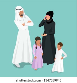 Isometric Arabic Muslim family. Traditonal arab family with children concept.