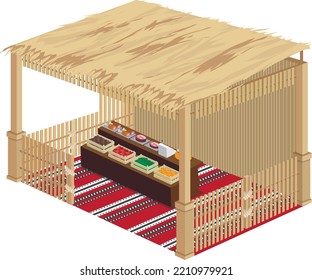 isometric Arabic traditional booth with vegetable stand