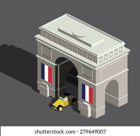 Isometric arc de Triomphe and vintage french car