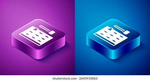 Isometric Arcade game machine with hammer icon isolated on blue and purple background. Amusement park attraction. Square button. Vector