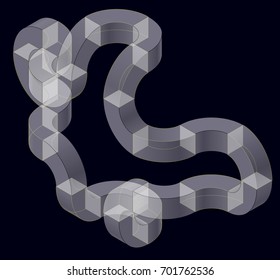 Isometric arched shapes, isolated on black background. Spatial paradox, Esher's infinite staircase principle. Abstract object, background. Three-dimensional round shapes, brain teaser. Low poly vector