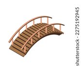 Isometric arched wooden bridge over river 3d vector illustration