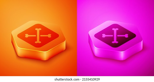 Isometric Archeology icon isolated on orange and pink background. Hexagon button. Vector