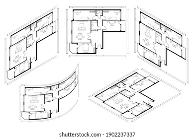 Isometric Architect Blueprint Vector Plan of Home. Dibujo del Plan de la Casa de Huellas. Esbozo de ilustraciones de arquitectura profesional en casa.