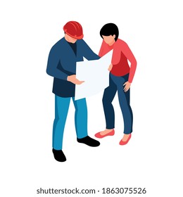 Isometric architect concept with projects and master builder vector illustration