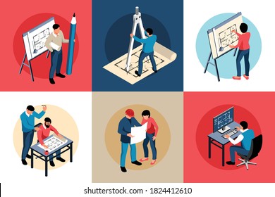 Isometric architect design concept 3x2 set of square compositions with projects and characters of master builders vector illustration