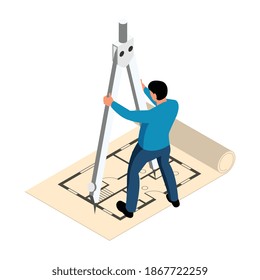 Isometric architect design concept with projects vector illustration