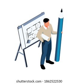 Isometric architect design with projects and master builder vector illustration