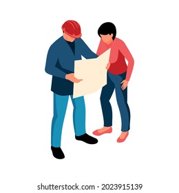Isometric architect designer professional composition with characters of woman and engineer holding project sheet vector illustration