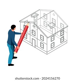 Isometric architect designer professional composition with human character holding pencil drawing 3d house model vector illustration