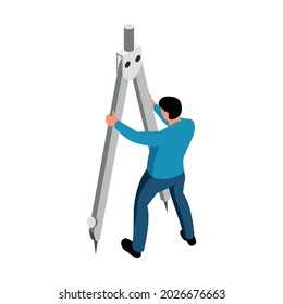 Isometric architect designer professional composition with metal compass held by human character vector illustration