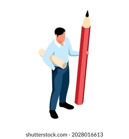 Composición profesional del diseñador arquitectónico isométrico con carácter humano aislado con rollo de papel y enorme ilustración vectorial de lápiz