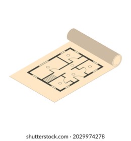 Isometric architect designer professional composition with isolated image of paper roll with drawn plan of apartment vector illustration