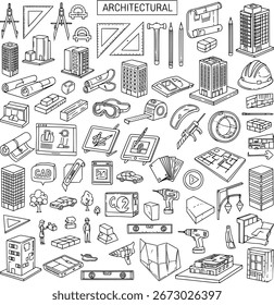 Isometric Architectural  Construction Hand-Drawn Icons: Buildings, Engineering Tools, Planning Elements, and Urban Development Outline Illustrations