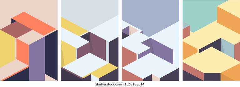 Isometric architectural cover design. Geometric set of templates, posters, brochures.