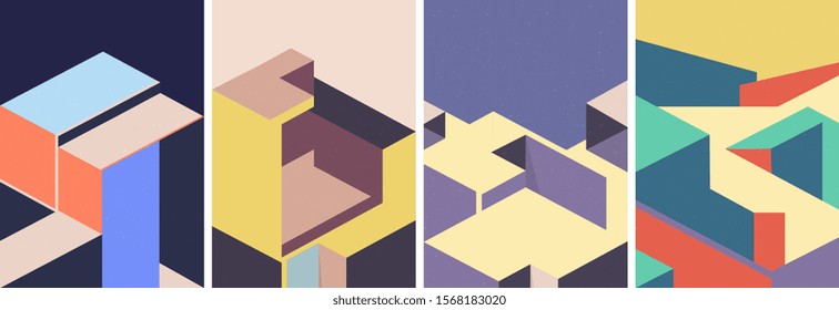 Isometric architectural cover design. Geometric set of templates, posters, brochures.