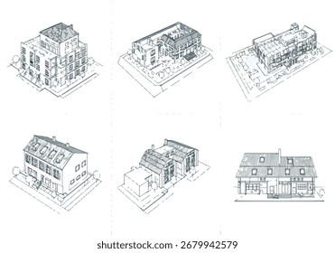 Ilustrações arquitetônicas isométricas de vários edifícios urbanos e residenciais, apresentadas como esboços desenhados à mão com sombreamento sutil para diversos projetos de design.