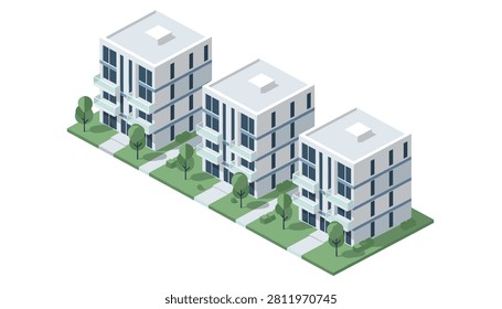 Isometric architectural rendering of three modern residential apartment buildings with green lawns and trees.
