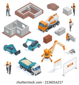 Isometric architecture building construction, architect and builders workflow. Construction work equipment vector illustration set. Building construction workers. Construction architecture isometric