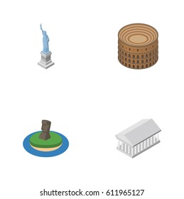 Isometric Architecture Set Of Athens, Coliseum, New York And Other Vector Objects. Also Includes Athens, America, Colosseum Elements.