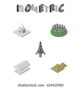 Isometric Architecture Set Of Athens, England, India Mosque Vector Objects. Also Includes Paris, Pyramids, Eiffel Elements.