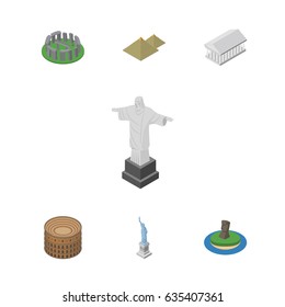 Isometric Architecture Set Of Athens, Rio, England Vector Objects. Also Includes Chile, Statue, England Elements.