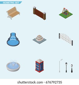 Isometric Architecture Set Of Barricade, Plants, Phone Box And Other Vector Objects. Also Includes Bench, Telephone, Decoration Elements.