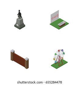 Isometric Architecture Set Of Barrier, Recreation, Aiming Game And Other Vector Objects. Also Includes Statue, Brick, Wheel Elements.