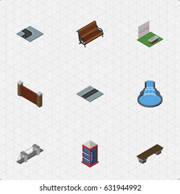 Isometric Architecture Set Of Barrier, Turning Road, Path And Other Vector Objects. Also Includes Telephone, Park, Booth Elements.