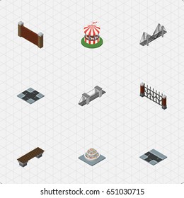 Isometric Architecture Set Of Bench, Intersection, Highway And Other Vector Objects. Also Includes Fence, Carousel, Barrier Elements.
