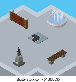 Isometric Architecture Set Of Bench, Park Decoration, Sculpture And Other Vector Objects. Also Includes Water, Wall, Turn Elements.