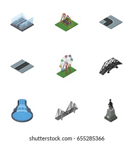 Isometric Architecture Set Of Bridge, Sculpture, Path And Other Vector Objects. Also Includes Seesaw, Wheel, Monument Elements.