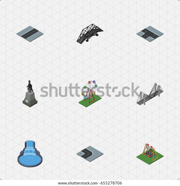 Isometric Architecture Set Of Bridge, Seesaw,
Recreation And Other Vector Objects. Also Includes Attraction,
Statue, Fountain
Elements.