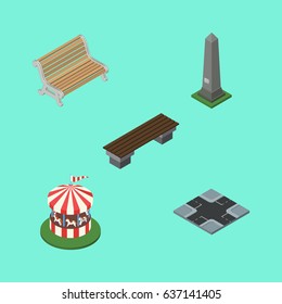 Isometric Architecture Set Of Carousel, Bench, Intersection And Other Vector Objects. Also Includes Attraction, Monument, Intersection Elements.