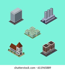 Isometric Architecture Set Of Chapel, House, Clinic And Other Vector Objects. Also Includes House, Home, Tank Elements.