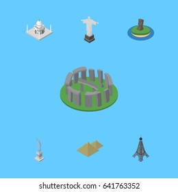 Isometric Architecture Set Of Chile, Paris, India Mosque And Other Vector Objects. Also Includes Mosque, Pyramids, Paris Elements.