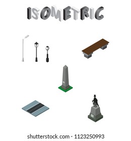 Isometric architecture set of city lights, seat, road and other vector objects. Also includes monument, way, lanterns elements.