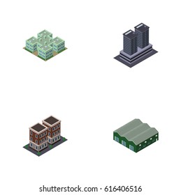Isometric Architecture Set Of Clinic, Warehouse, House And Other Vector Objects. Also Includes Storage, House Elements.