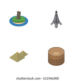 Isometric Architecture Set Of Coliseum, Chile, Paris And Other Vector Objects. Also Includes Eiffel, Tower, Chile Elements.