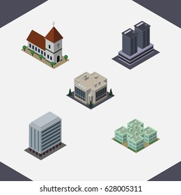 Isometric Architecture Set Of Company, Tower, Office And Other Vector Objects. Also Includes Catholic, Company, Office Elements.