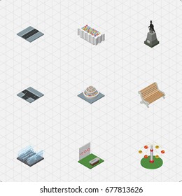 Isometric Architecture Set Of Crossroad, Aiming Game, Plants And Other Vector Objects. Also Includes Crossroad, Fountain, Seat Elements.