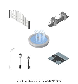 Isometric Architecture Set Of Crossroad, Highway, Barricade And Other Vector Objects. Also Includes Road, Lanterns, Crossroad Elements.