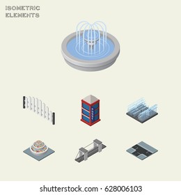 Isometric Architecture Set Of Crossroad, Park Decoration, Barricade And Other Vector Objects. Also Includes Flowers, Fountain, Bridge Elements.