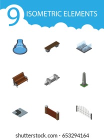 Isometric Architecture Set Of Dc Memorial, Highway, Barricade And Other Vector Objects. Also Includes Water, Road, Brick Elements.