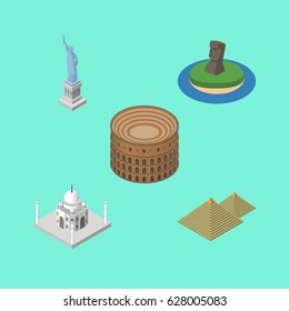 Isometric Architecture Set Of Egypt, India Mosque, Coliseum And Other Vector Objects. Also Includes Mosque, Coliseum, Liberty Elements.