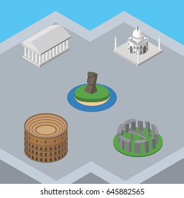 Isometric Architecture Set Of England, India Mosque, Athens Vector Objects. Also Includes Historic, England, Chile Elements.