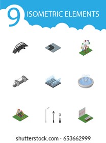 Isometric Architecture Set Of Expressway, Highway, Fountain And Other Vector Objects. Also Includes Game, Park, Seesaw Elements.